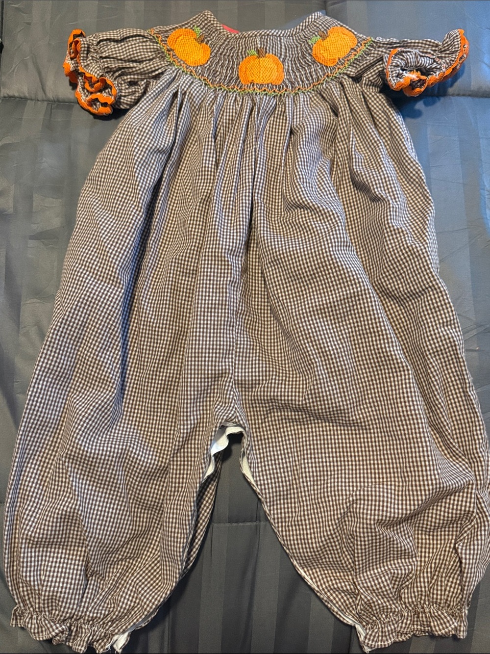 Children's Pumpkin Smocked One-Piece Romper - Orange Pumpkins on Brown Gingham